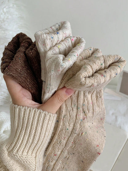 3Pairs Women'S Thick Warm Wool Vintage Style Mid-Calf Socks for Autumn and Winter, Fall