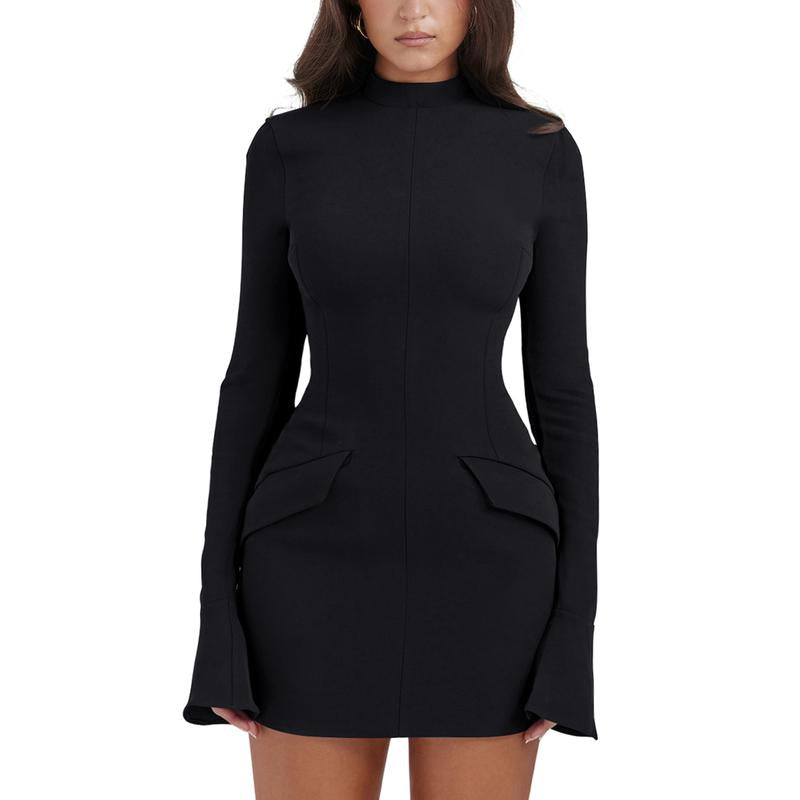 OYV Women'S Long Sleeve Mock Turtle Neck Bodycon Mini Tank Short Party Dress